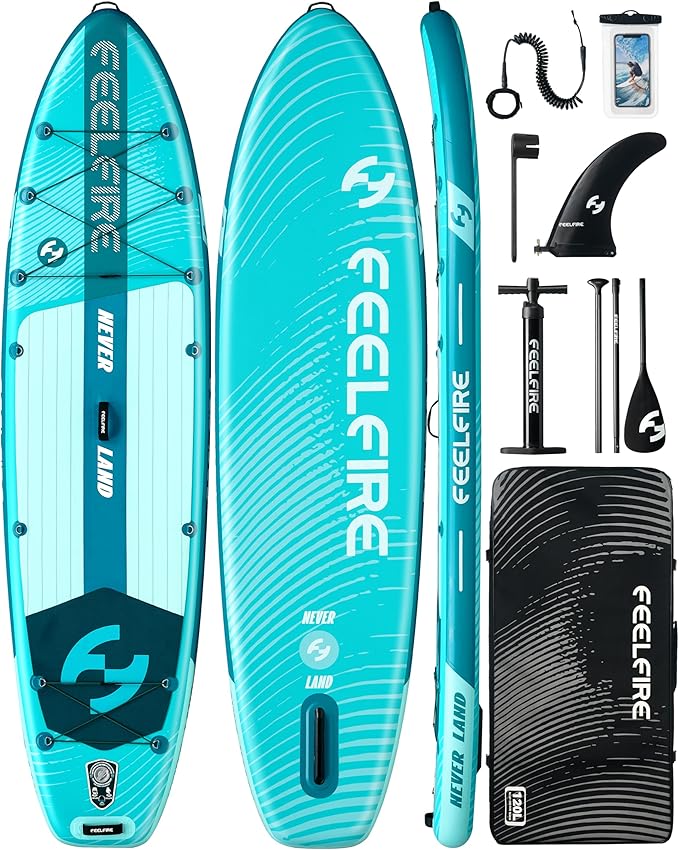 Feelfire11'x34” Extra Wide Inflatable Paddleboard, Stand-up Paddle Board for Adults, 420lb Capacity for Yoga/Fishing/Family, EVA Deck, US Fin, High-Pressure Pump, Storage Backpack, Safety Leash-StrideForce Fitness