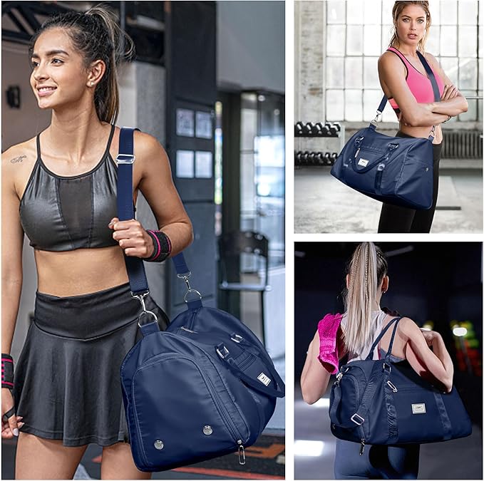 FIORETTO Womens Gym Tote Duffle Bag with Toiletry Bag, Sports Duffel Overnight Hospital Workout Carry on Bag for Girls with Wet Pocket & Shoe Compartment, Ideal for Travel, Swimming, Dance Navy Blue-StrideForce Fitness