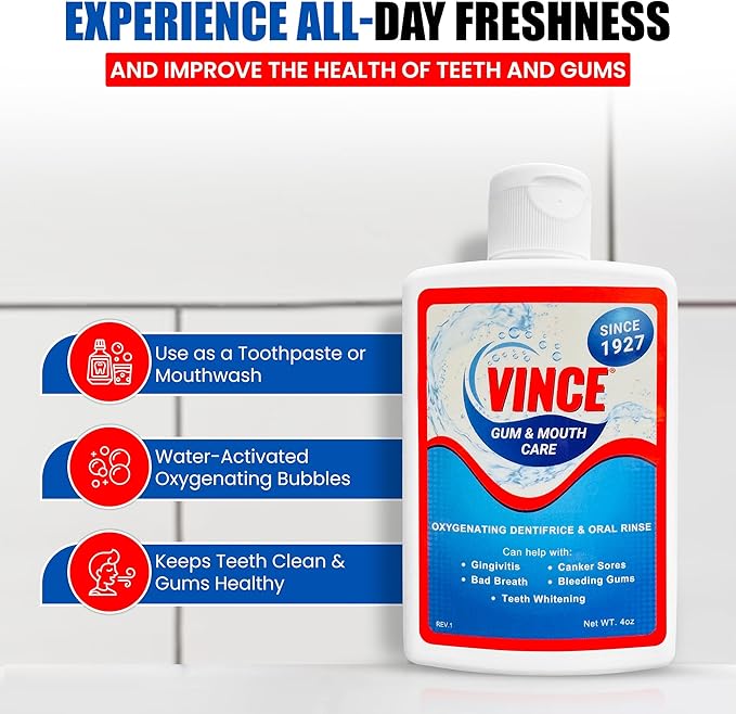 Vince Gum and Mouth Powder - Daily Use Dentifrice - Oxygenating Bubbles - Bad Breath - Gingivitis - Irritated Bleeding Gums - Canker Sore - Inflammation - Wounds - Cleanse & Refresh - 4oz (Pack of 2)