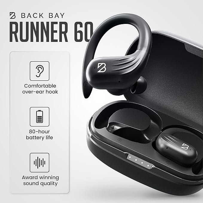 Back Bay Audio Runner 60 Wireless Running Earbuds, 80 Hour Long Battery Life Over The Ear with EarHooks, Wrap Around Earphones Wireless Bluetooth Earbuds with Microphone, Earphones in Ear Headphones-StrideForce Fitness