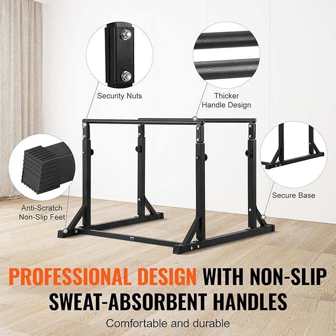 VEVOR Dip Bar, 800 lbs Capacity, Heave Duty Dip Stand Station with Adjustable Height, Fitness Workout Dip Bar Station Stabilizer Parallette Push Up Stand, Parallel Bars for Strength Training Home Gym-StrideForce Fitness