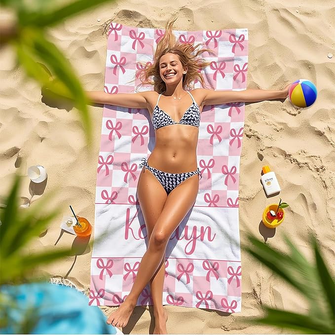 JML Personalized Beach Towel with Name, Custom Beach Towel with Text, Customized Bow Microfiber Pool Towel, Quick Dry & Absorbent Swim Towel for Adult,Anniversary, Birthday, Summer Holiday,Vacation-StrideForce Fitness