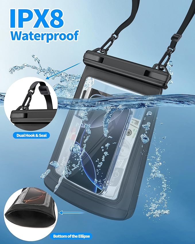 Large Waterproof Phone Pouch - [Oversized] [Floating] Water Proof Pouch for iPhone Galaxy Google and More, IPX8 Waterproof Dry Bag for Beach Vacation Belongings Clear Black-StrideForce Fitness