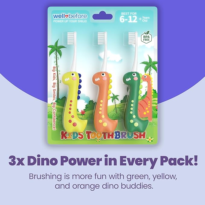 Well Before Dinosaur Kids Toothbrush, 0.12mm Soft Filament Toddler Toothbrush for Kids 6-12 Make Brushing Fun and Protect Kids Delicate Teeth (Pack of 3)