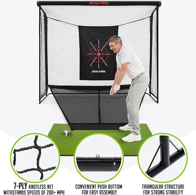 Golf Net, 10x7ft/8x8ft Golf Enclosure Net with Side Barriers/Auto-Ball Return, Low-Noise Target, Carry Bag, 4 Stakes, Hitting Practice Net for Backyard Driving Chipping Indoor Outdoor Use-StrideForce Fitness