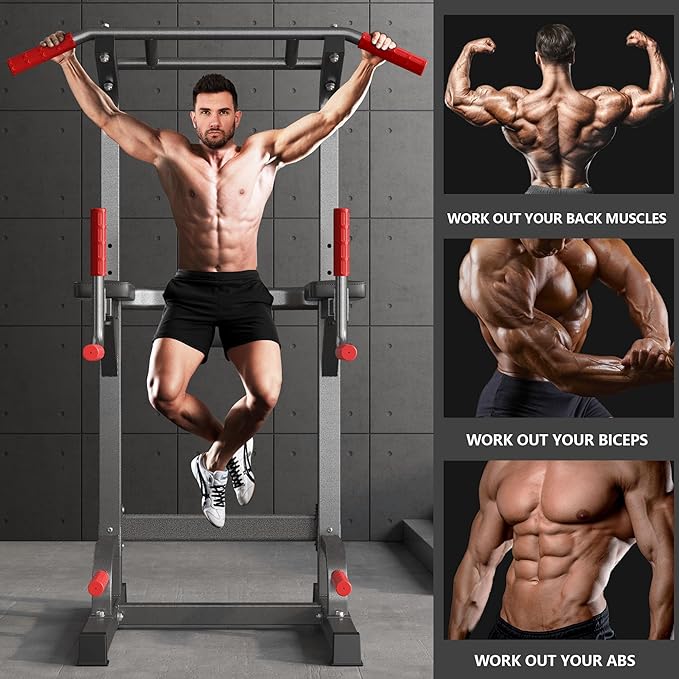 SogesPower Power Tower Pull Up Bar Station Multi-Function Pull Up Bar Stand for Home Gym, Adjustable Height Pull Up Dip Station Dip Bar Strength Training Fitness Equipment,Up to 500LBS-StrideForce Fitness