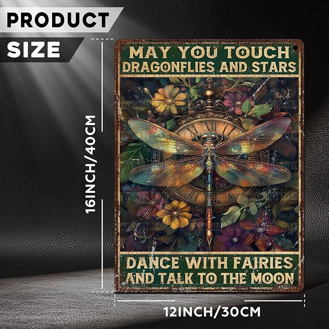 Vintage Dragonfly Tin Sign May You Touch Dragonflies And Stars Dance With Fairies And Talk To The Moon Retro Metal Poster Funny Wall Art Cafe Toilet Farm Room Garden Plaque Outdoor 12 * 16inch-StrideForce Fitness
