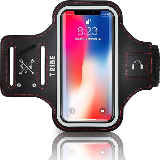 TRIBE Water Resistant Cell Phone Armband Case Running Holder for iPhone Pro Max Plus Mini SE (13/12/11/X/XS/XR/8/7/6/5) Galaxy S Ultra Plus Edge Note (21/20/10/9/8/7/6/5) Adjustable Strap & Key Pocket-StrideForce Fitness