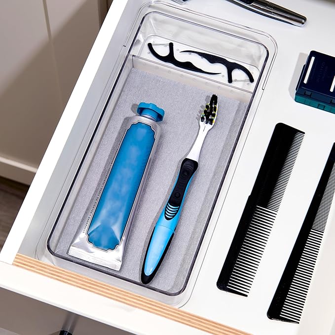 madesmart Dental Tray Drawer Organizer with Drying Stone, Clear Plastic Organizer for Toothbrush, Dental Floss, Water Flosser, Mouthwash