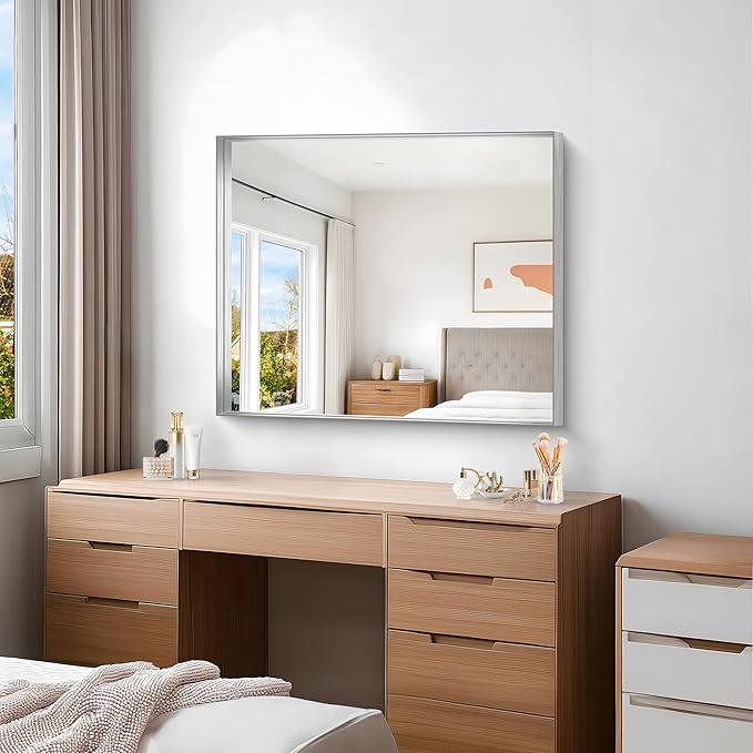 Silver Bathroom Mirror, 30x36 Inch Rectangular Framed Mirror, Large Wall Mounted Bathroom Vanity Mirror Over Sink for Bedroom,Restroom, Living Room, Hangs Vertically or Horizontally-StrideForce Fitness