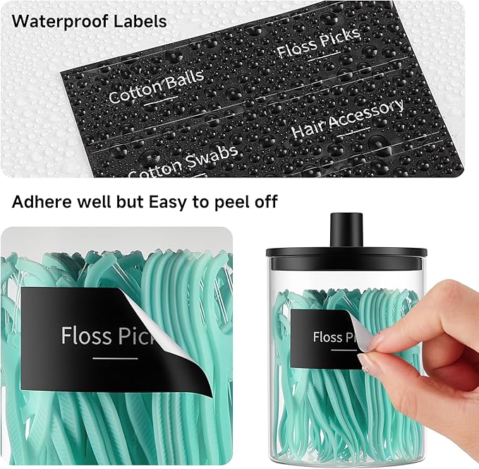 TIPGO Glass Qtip Holder Dispenser - 10 oz Clear Canister Apothecary Jar, Bathroom Vanity Storage Organizer Set for Cotton Swabs, Pads, Floss Picks, Small Containers for Makeup Storage (4 Pack, Black)