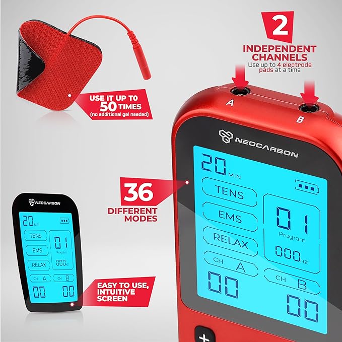 TENS Unit Muscle Stimulator Pro for Back Pain Relief, Shoulder Recovery and Physical Therapy, Electronic EMS Massager Machine with PMS Pulse for Effective Shock Therapy, Red-StrideForce Fitness