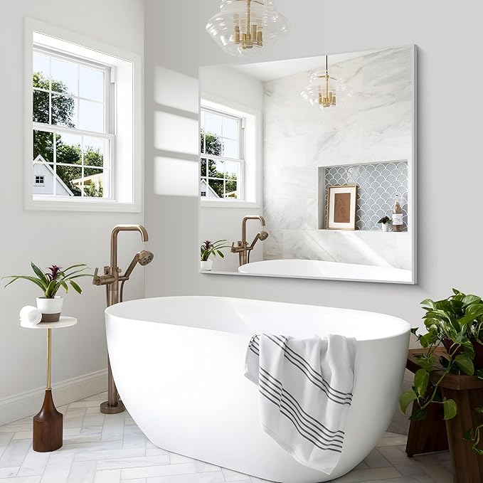 Silver Bathroom Mirror,48x48 inch Wall Mirror for Bathroom Wall Mounted,Large Rectangle Mirror for Bathroom Over Sink,Modern Metal Frame for Living Room,Bedroom Entryway,Horizontal/Vertical-StrideForce Fitness