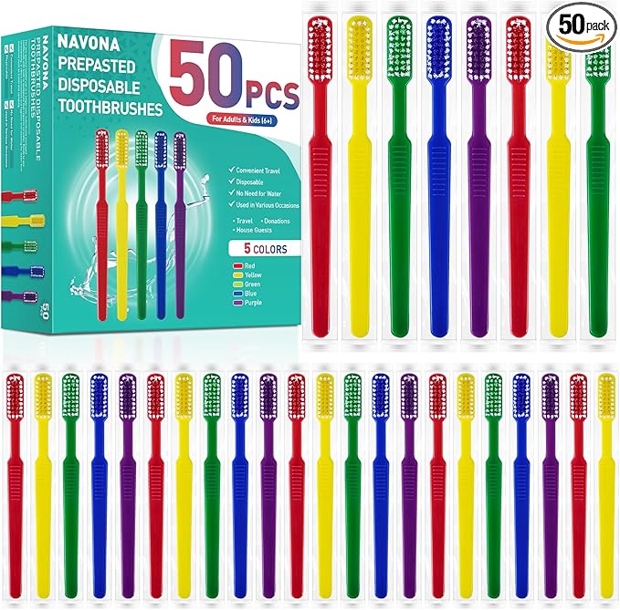 Navona 50 PCS Prepasted Disposable Toothbrushes with Toothpaste, Premium Bulk Toothbrushes Individually Wrapped, Single Use Bulk Toothbrush for Travel, Guests, Hotel, Camping
