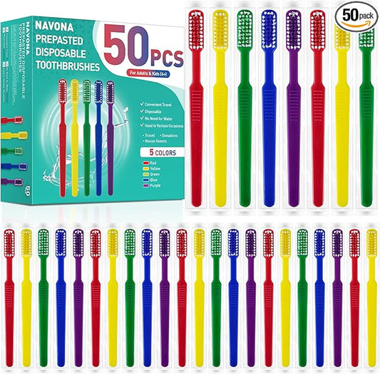 Navona 50 PCS Prepasted Disposable Toothbrushes with Toothpaste, Premium Bulk Toothbrushes Individually Wrapped, Single Use Bulk Toothbrush for Travel, Guests, Hotel, Camping