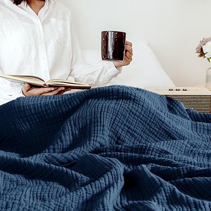 Carriediosa 100% Cotton Muslin Throw Blanket 108" X 90" King Size，4-Layers Summer Gauze Throws for Bed Couch，Soft Lightweight Breathable Linen Blankets Bedspread for Adults All Season，Navy Blue-StrideForce Fitness
