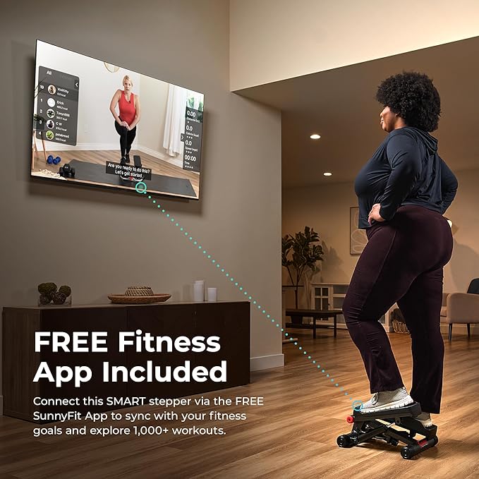 Sunny Health & Fitness Mini Stepper for Exercise at Home, Stair Step Workout Machine with Resistance Band and Over 300lb Weight Capacity, Optional Twist Motion and Free SunnyFit App Connection-StrideForce Fitness