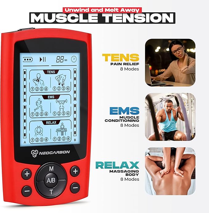 TENS Unit Muscle Stimulator, Electronic PMS Pulse Massager Machine for Shock Physical Therapy, Back Pain Relief, Shoulder Recovery, Red-StrideForce Fitness