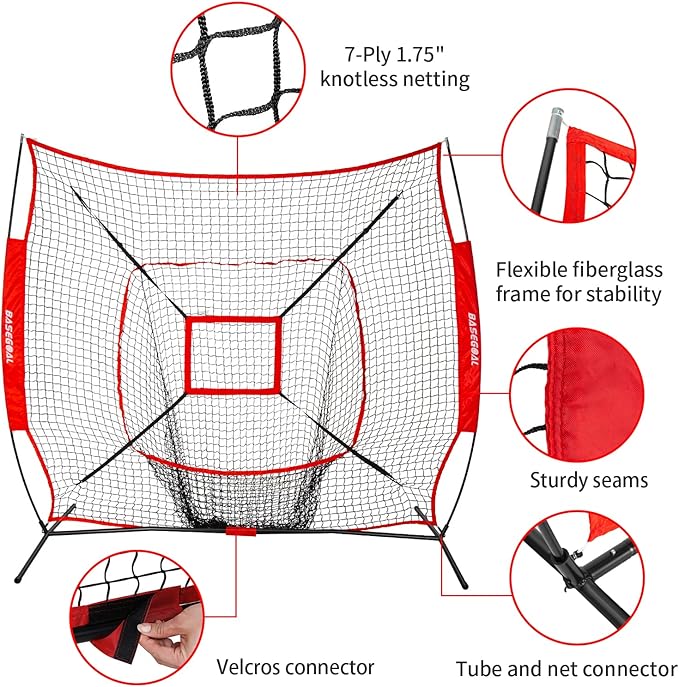 7'×7' Baseball Softball Practice Net,Baseball Backstop,with Batting Tee,Ball Caddy,for Hitting Pitching Batting Catching with Bow Frame,Bonus Strike Zone,Portable and Foldable-StrideForce Fitness