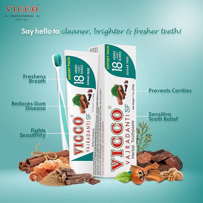 Vicco Vajradanti Ayurvedic Herbal Toothpaste by Vicco – 70 Year Legacy of Ayurveda, Sugar-Free, with 18 Ayurvedic Herbs & Barks, 100% Natural, Vegan, Fluoride-Free & Cruelty-Free – 7 oz (3 Pack)