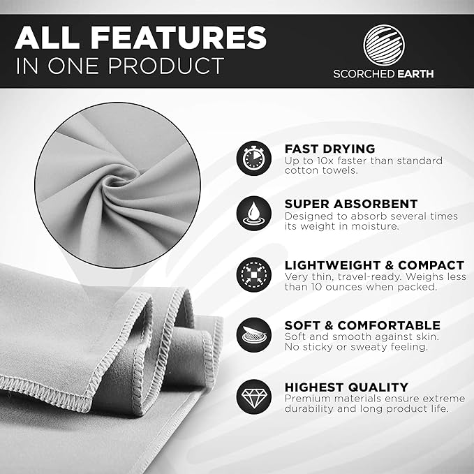 ScorchedEarth Microfiber Travel & Sports Towel Set - Quick Dry, Super Absorbent, Compact, Lightweight - for Camping, Backpacking, Hiking, Beach, Yoga, Swimming - Includes 2 Sizes + Carrying Bag & Clip-StrideForce Fitness
