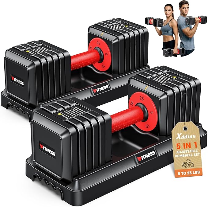XDDIAS Adjustable Dumbbell Set of 2, 25/55/80LB Dumbbell Set-1Sec Adjustable Weights-5/10 in 1 Free Weights Dumbbells Set with Effortless Tray/No-Slip Handle-Compact Size for Women/Men at Home Gym-StrideForce Fitness