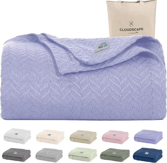 Cloud Scape Linen 100% Cotton Blanket King Size for Bed – Lightweight Summer Blanket, Herringbone Weave,fits California King Size Bed, 92x108,Lavender Blue-StrideForce Fitness