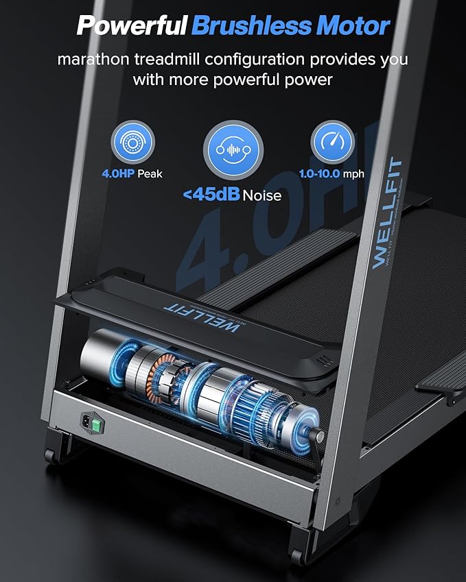 WELLFIT Treadmill for Home, 2 Level Incline Heavyduty Treadmill with Pulse Sensor, 4.0 HP, 1.0-10.0 MPH, 450/360 lbs Capacity, Large Running Area Treadmills with Bluetooth Player & LED Display-StrideForce Fitness