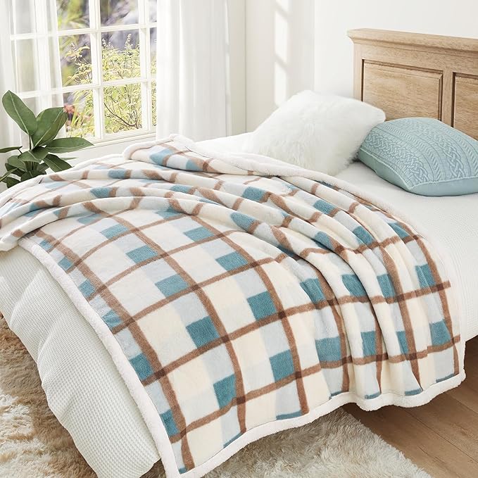 PU MEI Super Soft Faux Rabbit Fur Sherpa Fleece Throw Blanket, Reversible Luxury Cozy Cute Furry Blanket, Plush Warm Shaggy Fluffy Checkered Blankets for Sofa Couch Bed (Green-Plaid, 80" x 90")-StrideForce Fitness