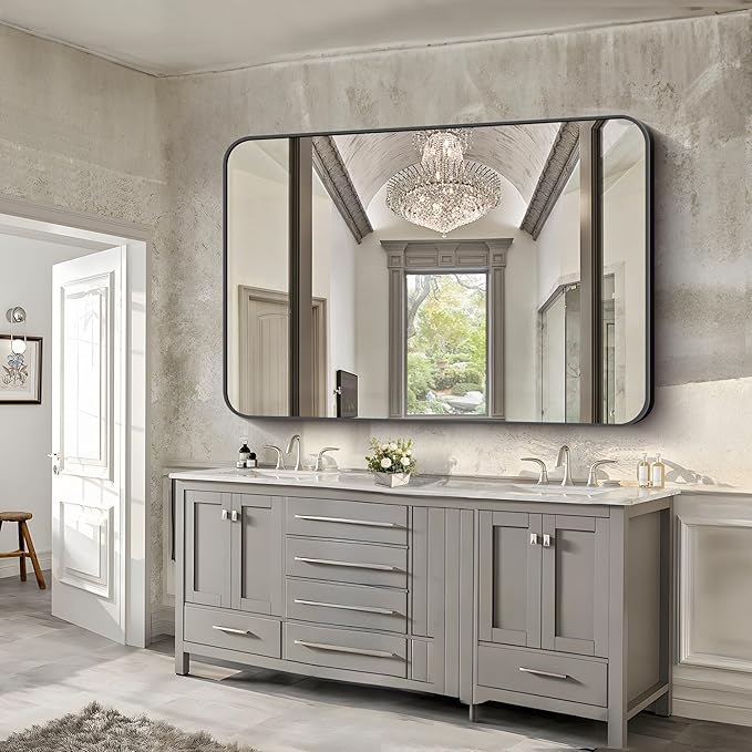 FORBATH Large Bathroom Mirror 60" x 40", Black Rectangle Metal Framed Rounded Corner Wide Wall Mounted Mirror for Bathroom Bedroom Entryway Decor(Horizontal/Vertical)-StrideForce Fitness