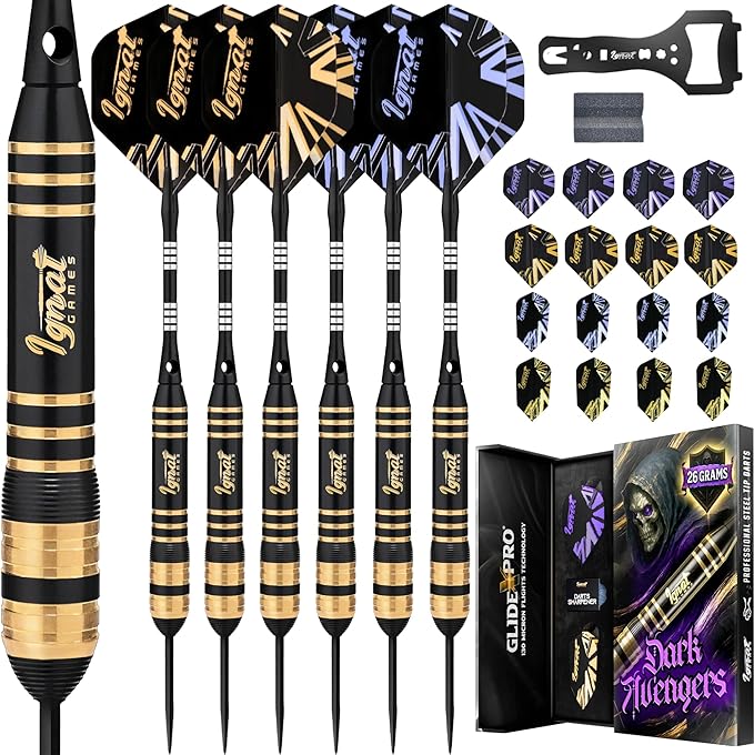 IgnatGames Premium Steel Tip Darts – 3/6/12 Pack Brass Barrels with Aluminum Shafts, 16 GlideXPro Flight Set, Tool Kit & Giftable Case-StrideForce Fitness