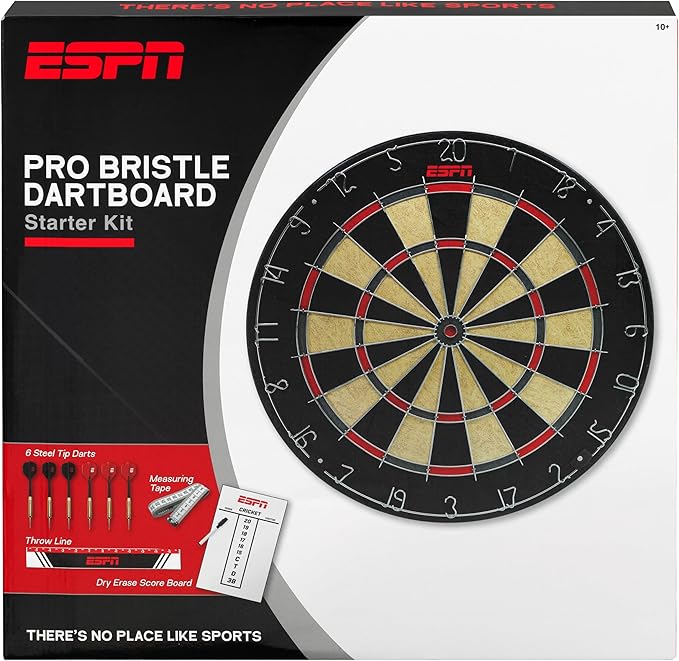 ESPN Dart Board Includes 6 Steel Tip Darts, Bristle Dartboard with Radial Spider Wire and Staple Free Bullseye, Ideal Party Games for Adults-StrideForce Fitness