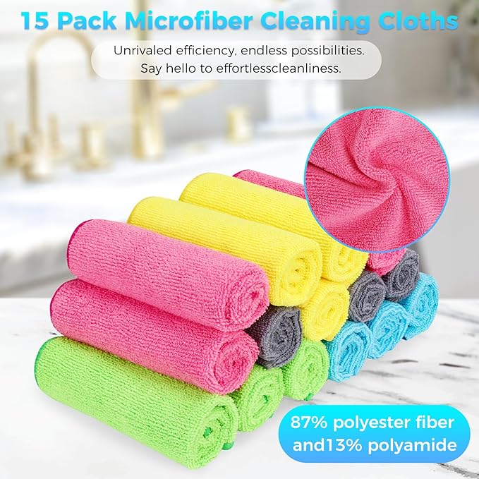 Microfiber Cleaning Cloth, Pack of 15, Lint Free, Absorbent, Streak Free, Non-Abrasive, Reusable and Washable，Cleaning Towels with 5 Color Assorted,11.5"X11.5"(Green/Blue/Yellow/Pink/Grey)-StrideForce Fitness