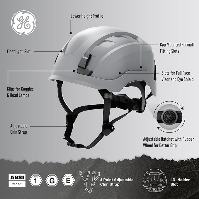 GE Safety Helmet, Impact Absorbing Tech, Adjustable Ratchet, ANSI Type 1, Memory Foam Padding, Hard Hats Protection, Lightweight, Durable, Chin Strap, Comfortable Fit OSHA Approved-StrideForce Fitness