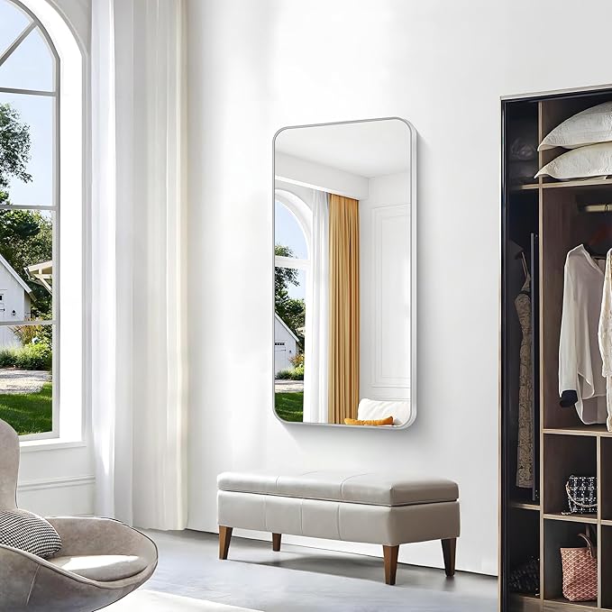 Silver Bathroom Mirror,24x48 inch Wall Mirror for Bathroom Wall Mounted,Rectangle Mirror for Bathroom Over Sink,Modern Frame Round Corner for Living Room,Bedroom Entryway,Horizontal/Vertical-StrideForce Fitness
