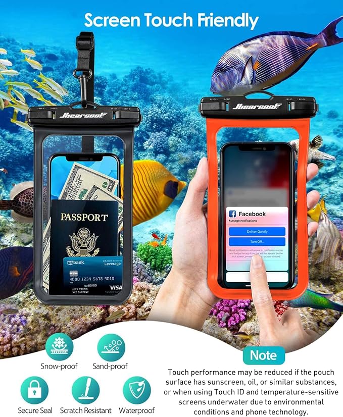 Hiearcool Waterproof Phone Pouch, Waterproof Phone Case, Waterproof Cellphone Pouch Under Water Beach Accessories for iPhone -Black&Orange -2Pack-StrideForce Fitness