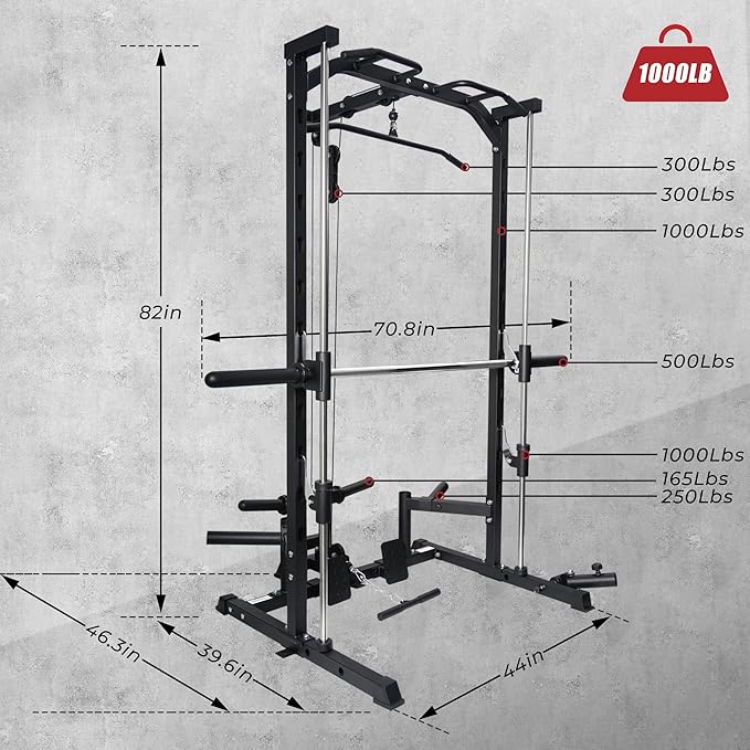 RitFit Smith Machine Power Rack with LAT-Pull Down System, Landmine, Barbell Bar, Plate Storage Pegs and More Training Attachment-StrideForce Fitness