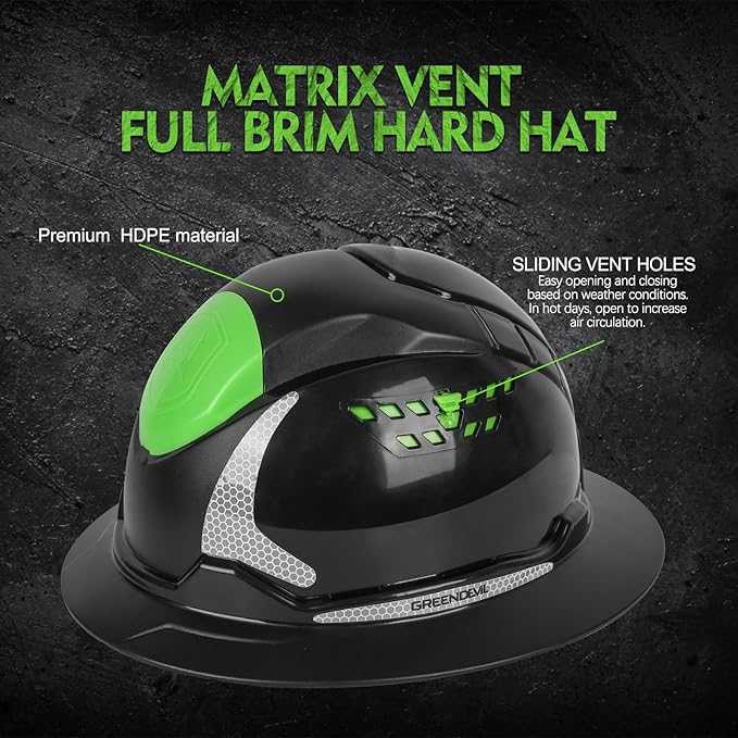 GREEN DEVIL Matrix Full Brim Hard Hat with Headlight Vented Construction Safety Helmet OSHA Approved Cascos De Construccion Work Hardhat for Men&Women-StrideForce Fitness