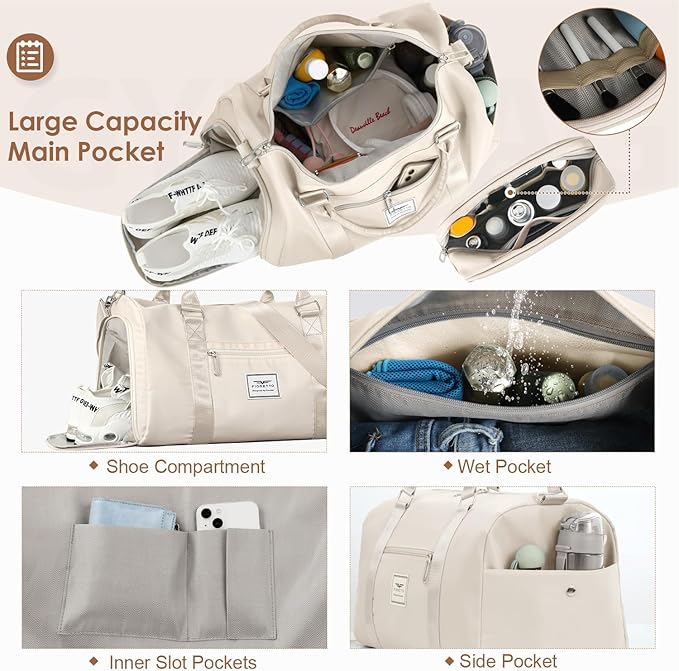 FIORETTO Womens Gym Tote Duffle Bag with Toiletry Bag, Sports Duffel Overnight Hospital Workout Carry on Bag for Girls with Wet Pocket & Shoe Compartment, Ideal for Travel, Swimming, Dance Beige-StrideForce Fitness