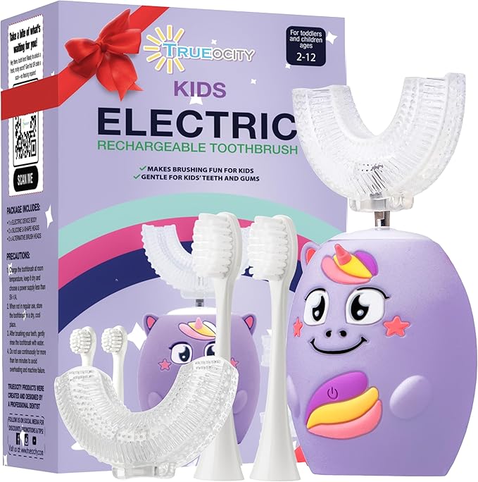 Trueocity Kids U Shape Toothbrush Auto Electric Toddler Rechargeable Kids Automatic Toothbrush | 360° U-Shaped Silicone Brush Head | Gentle Cleaning for Ages 2–7 | Unicorn Design (Purple)