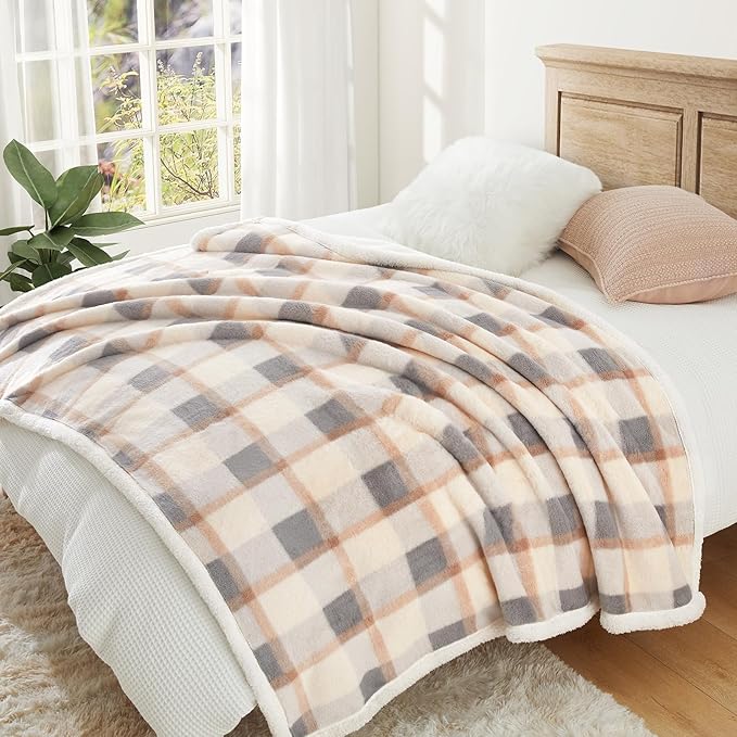 PU MEI Super Soft Faux Rabbit Fur Sherpa Fleece Throw Blanket, Reversible Luxury Cozy Cute Furry Blanket, Plush Warm Shaggy Fluffy Checkered Blankets for Sofa Couch Bed (Grey-Plaid, 80" x 90")-StrideForce Fitness