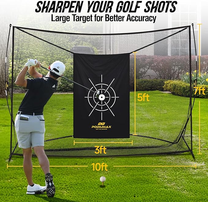 PodiuMax Golf Net, 10x7ft Golf Practice Net with Noise Reduce Silk Target Driving Real Balls, Hitting Nets for Backyard Garage, Improve Chipping Putting Pitching, Gift for Men & Golfers-StrideForce Fitness