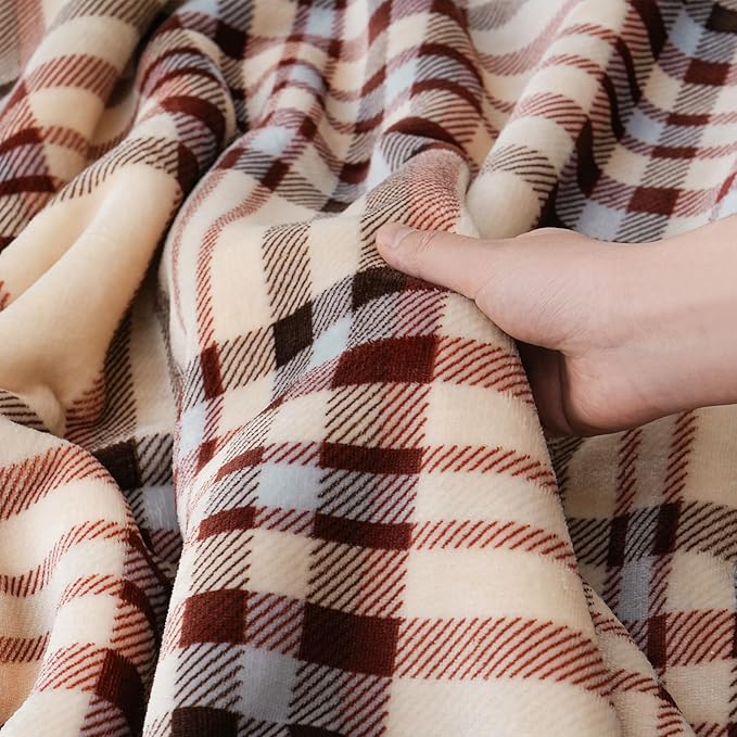 PU MEI Sherpa Fleece Throw Blanket 60" x 80" Reversible Plush Fluffy Large Big Blanket Lattice Flannel Blankets for All Season Use, Beige Stripe-StrideForce Fitness