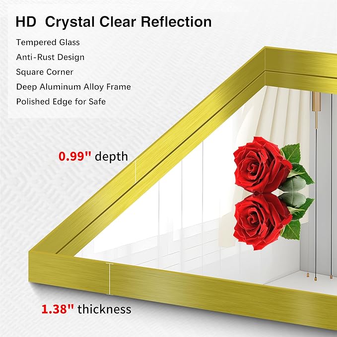 Gold Bathroom Mirror, 30x60 Inch Rectangular Deep Frame Mirror, Large Wall Mounted Bathroom Vanity Mirror Over Sink for Bedroom,Restroom, Living Room, Hangs Vertically or Horizontally-StrideForce Fitness