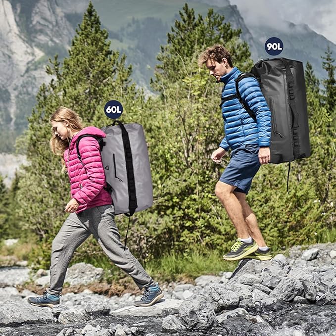 Haimont Large Waterproof Duffel Backpack Roll-Top Heavy Duty Dry Duffle Bag for Boating, Travel, Motorcycle, Kayaking, Camping, 60L-StrideForce Fitness