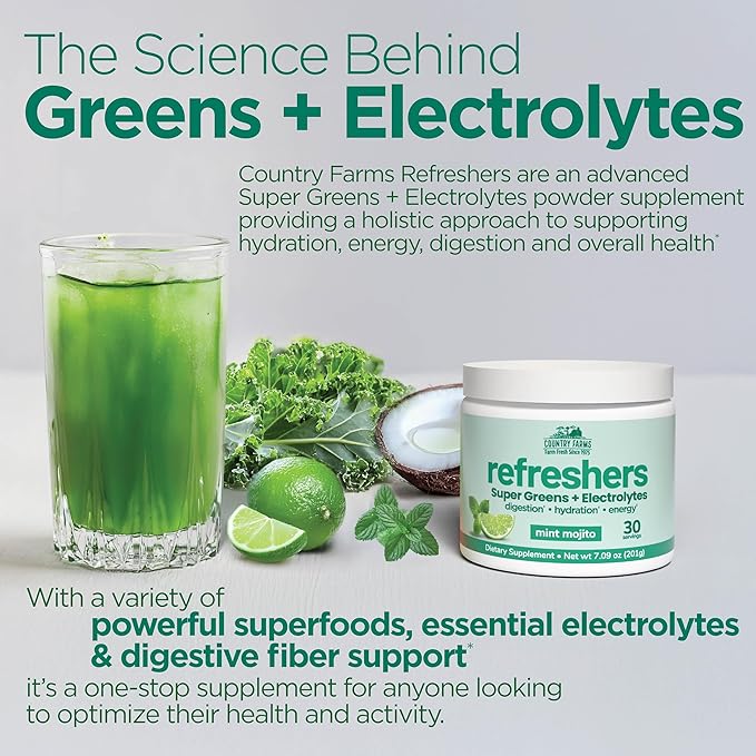 COUNTRY FARMS Refreshers, Super Greens and Electrolytes, Essential Minerals and Superfoods, Hydration Support, Promotes Natural Energy, with Fiber, Mint Mojito, 30 Servings-StrideForce Fitness