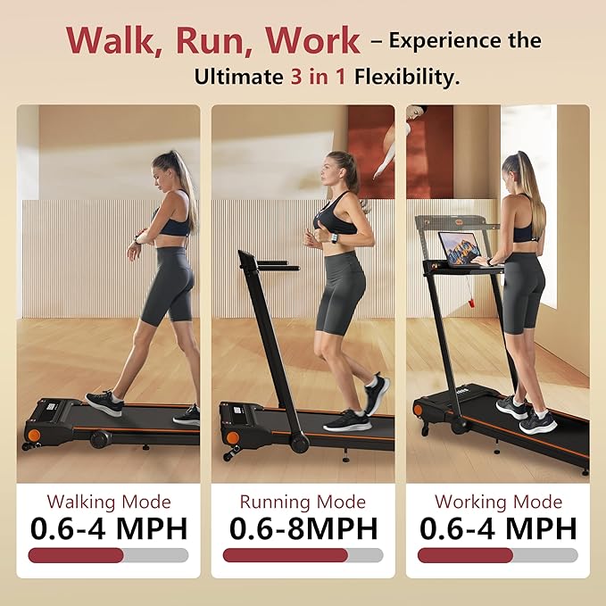 Foldable Treadmill with Incline Treadmill with Home Removable Desk Workstation 3.0 HP 3 in 1 Folding Small Compact Walking Treadmills 300 Lbs Capacity for Home Office-StrideForce Fitness