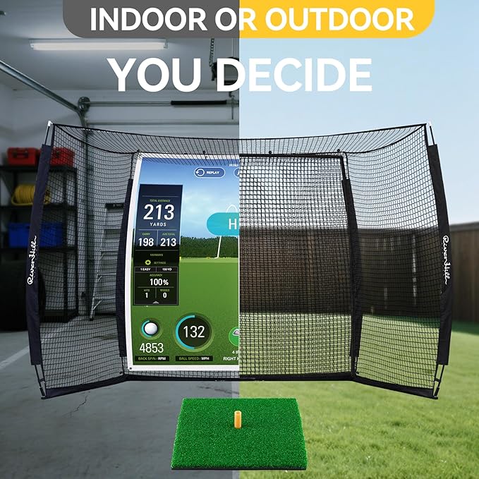 Golf Cage with Impact Screen, 10x8 Ft Golf Hitting Net w/Sound-Dampening Cloth, Practice Mat, Golf Simulator Enclosure, Indoor & Outdoor Driving Chipping Equipment for Home, Backyard & Garage-StrideForce Fitness