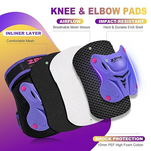 2PM SPORTS Knee Pads for Kids, Wrist Guards Knee and Elbow Pads Set with Drawstring Bag, Protective Gear Set for Girls Boys Roller Skating Cycling Skateboard - Purple Medium-StrideForce Fitness