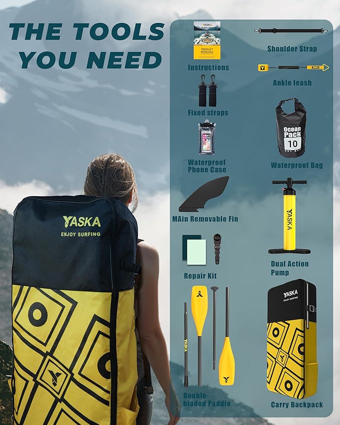 YASKA Inflatable Stand Up Paddle Board - 11ft Extra Wide Paddleboard with Premium SUP Board Accessories,Camera Mount,Non-Slip EVA Deck,5 Handles,Youth/Adult-StrideForce Fitness